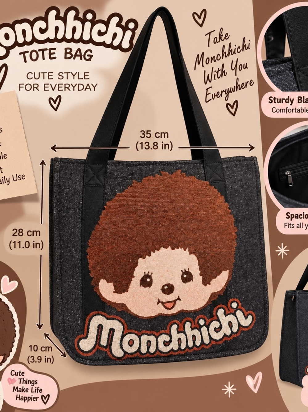 Black Tote Bag with Brown Character Appliqué